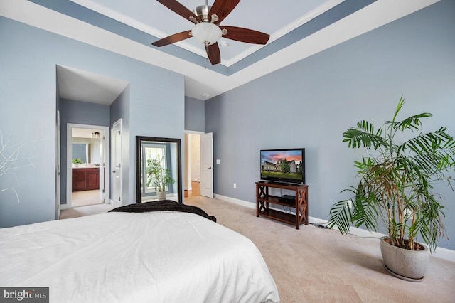 11407 Osprey Trl, Spotsylvania, VA 22551 - bedroom featuring baseboards, light carpet, ensuite bath, and a high ceiling