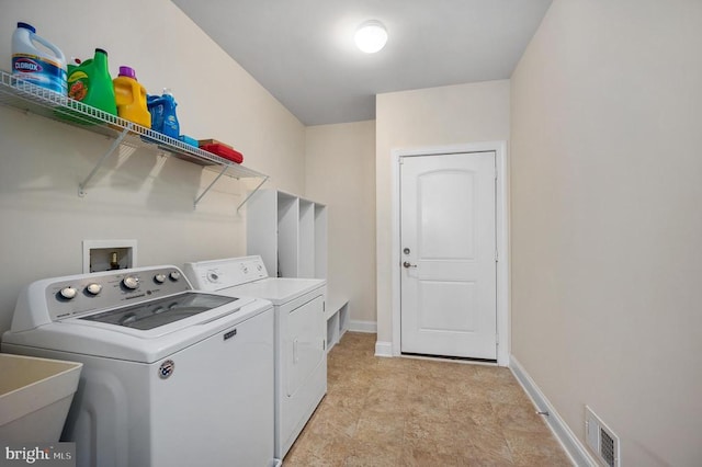 11407 Osprey Trl, Spotsylvania, VA 22551 - washroom featuring baseboards, visible vents, a sink, washer and clothes dryer, and laundry area