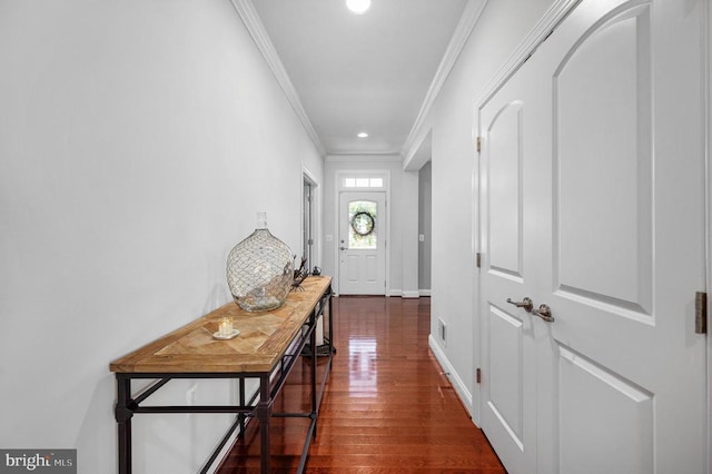 11407 Osprey Trl, Spotsylvania, VA 22551 - doorway with recessed lighting, baseboards, ornamental molding, dark wood finished floors, and visible vents