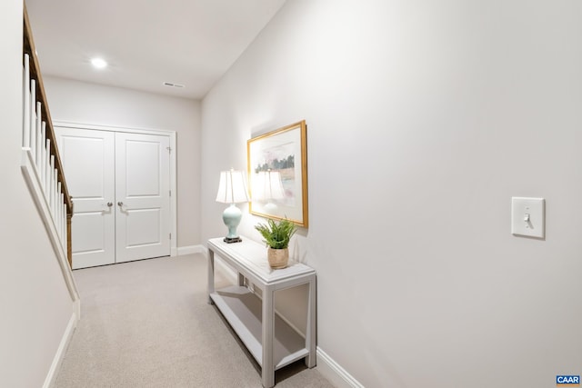 312 Avondale Ln, Crozet, VA 22932 - corridor featuring light colored carpet, stairway, and recessed lighting