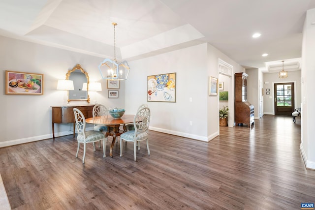 312 Avondale Ln, Crozet, VA 22932 - dining space with a chandelier, a raised ceiling, wood finished floors, and recessed lighting