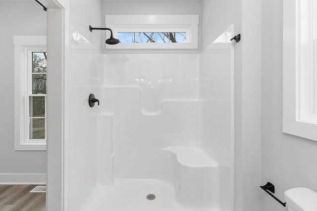 bathroom featuring walk in shower, toilet, and hardwood / wood-style flooring