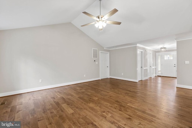 9712 Sutter Rd, Partlow, VA 22534 - unfurnished living room featuring ceiling fan, wood finished floors, baseboards, and high vaulted ceiling