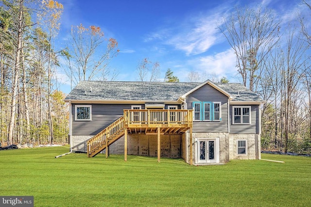 9712 Sutter Rd, Partlow, VA 22534 - back of house with a wooden deck, stairs, a lawn, and french doors