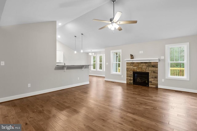 9712 Sutter Rd, Partlow, VA 22534 - unfurnished living room featuring dark wood finished floors, a ceiling fan, baseboards, and high vaulted ceiling