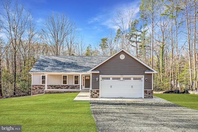 9712 Sutter Rd, Partlow, VA 22534 - ranch-style house featuring driveway, stone siding, an attached garage, and a front lawn