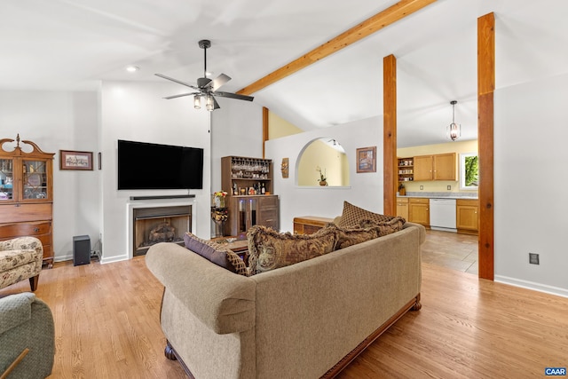 538 Jefferson Dr, Palmyra, VA 22963 - living room featuring a fireplace, a ceiling fan, light wood-style floors, baseboards, and recessed lighting