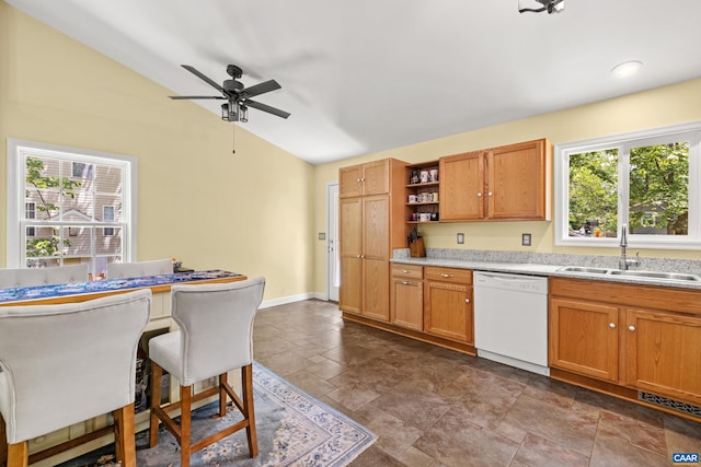 538 Jefferson Dr, Palmyra, VA 22963 - kitchen featuring dishwasher, a sink, vaulted ceiling, open shelves, and a ceiling fan