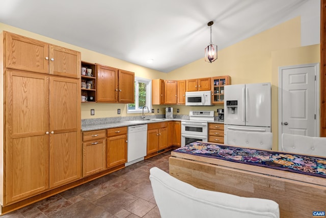 538 Jefferson Dr, Palmyra, VA 22963 - kitchen featuring white appliances, a sink, lofted ceiling, open shelves, and pendant lighting