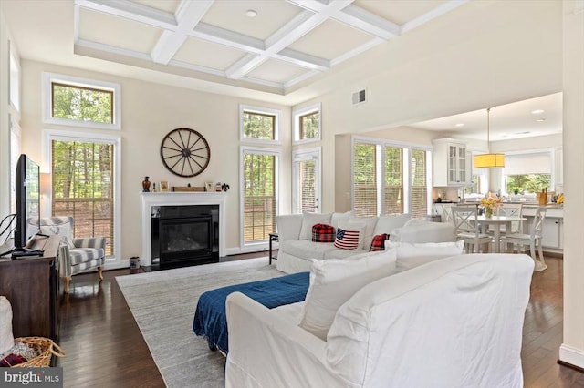 11402 Osprey Trl, Spotsylvania, VA 22551 - living area featuring coffered ceiling, beam ceiling, a high ceiling, dark wood-style flooring, and a glass covered fireplace