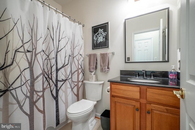 - bathroom with vanity, toilet, and curtained shower