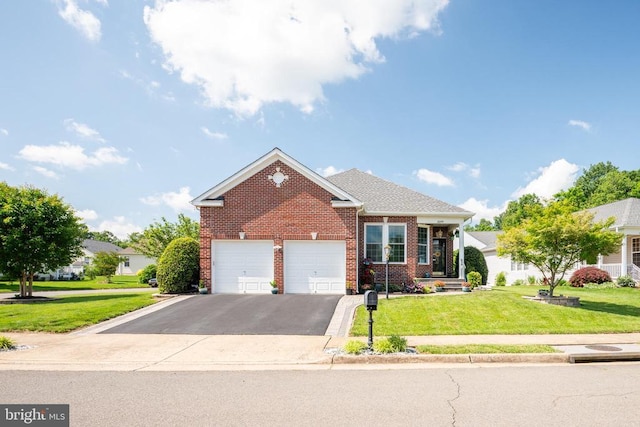 - traditional-style house with driveway, brick siding, a front lawn, and an attached garage