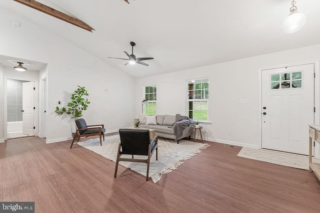 13191 Scotts Ml, Culpeper, VA 22701 - living room with wood finished floors, ceiling fan, baseboards, high vaulted ceiling, and beam ceiling