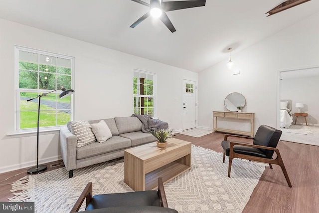 13191 Scotts Ml, Culpeper, VA 22701 - living area with a ceiling fan, lofted ceiling, plenty of natural light, wood finished floors, and baseboards