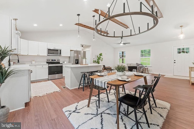 13191 Scotts Ml, Culpeper, VA 22701 - dining room with a ceiling fan, light wood-type flooring, high vaulted ceiling, and recessed lighting