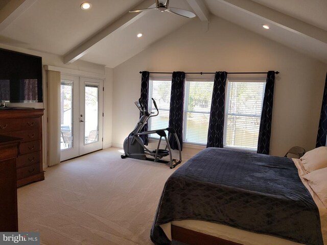  - bedroom with access to exterior, recessed lighting, light carpet, french doors, and ceiling fan