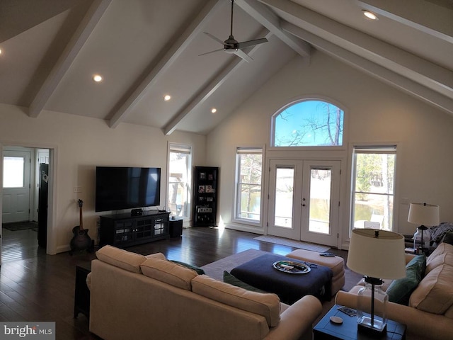  - living area featuring dark wood-style floors, plenty of natural light, beamed ceiling, recessed lighting, and ceiling fan