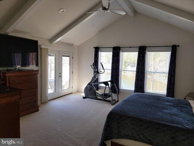  - bedroom featuring access to exterior, light colored carpet, french doors, and ceiling fan