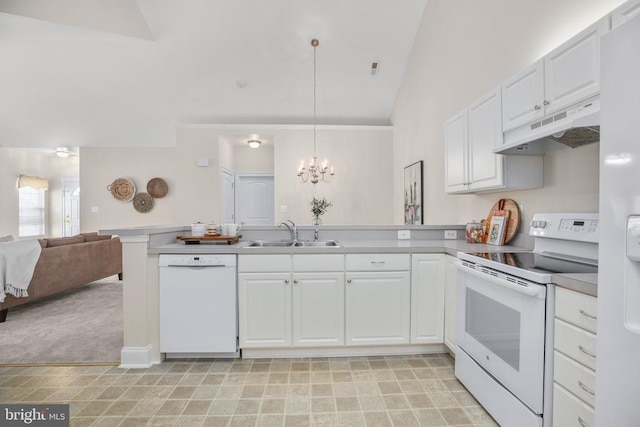 6231 Autumn Leaf Dr, Fredericksburg, VA 22407 - kitchen featuring white appliances, under cabinet range hood, a sink, a peninsula, and white cabinetry