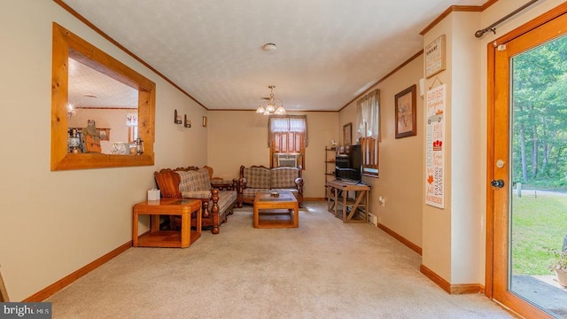 2468 Dry Run Rd, Luray, VA 22835 - living area with carpet floors, crown molding, a chandelier, and baseboards