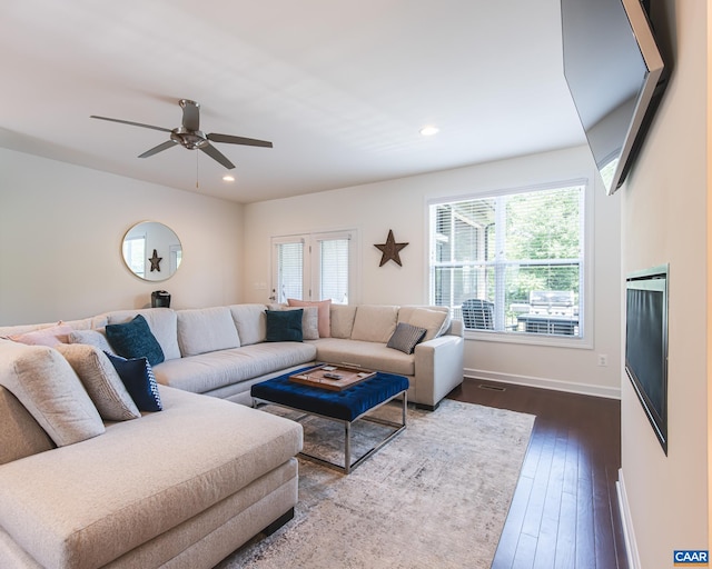 142 Junction Ln, Charlottesville, VA 22902 - living room with dark wood-style flooring, ceiling fan, and recessed lighting