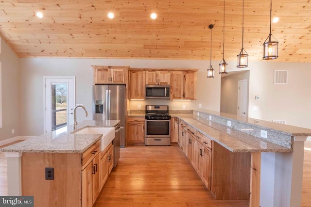 kitchen with sink, stainless steel appliances, light stone counters, decorative light fixtures, and light wood-type flooring