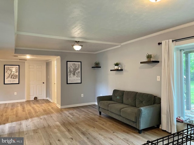  - living room with light wood-style floors and ornamental molding