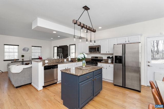 57 Pounding Branch Rd, Afton, VA 22920 - kitchen featuring a sink, stainless steel appliances, blue cabinets, light wood-style flooring, and white cabinets