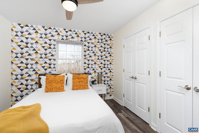57 Pounding Branch Rd, Afton, VA 22920 - bedroom with a ceiling fan, dark wood finished floors, a closet, and an accent wall