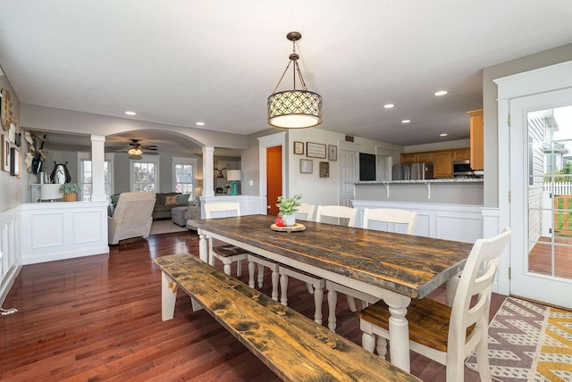 118 Wexford St, Staunton, VA 24401 - dining room featuring ornate columns, a decorative wall, wood finished floors, wainscoting, and recessed lighting