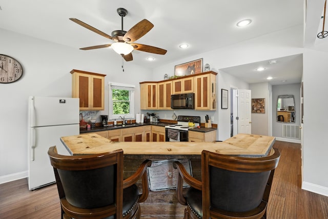 123 Fishermans Ln, Luray, VA 22835 - kitchen with white appliances, light brown cabinetry, ceiling fan, dark wood-style floors, and recessed lighting