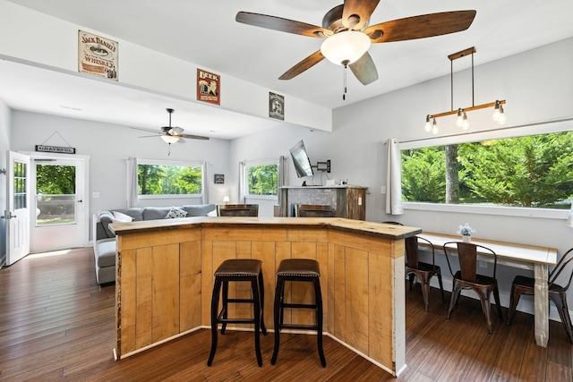 123 Fishermans Ln, Luray, VA 22835 - kitchen with a ceiling fan, open floor plan, dark wood-type flooring, and a kitchen island