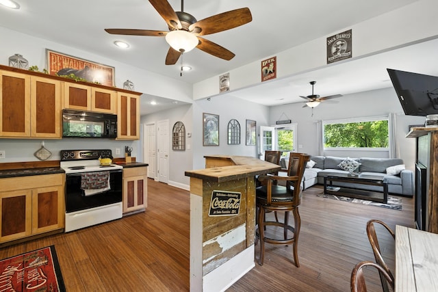 123 Fishermans Ln, Luray, VA 22835 - kitchen with white electric range oven, black microwave, ceiling fan, dark wood-style flooring, and dark countertops