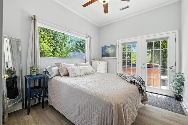 123 Fishermans Ln, Luray, VA 22835 - bedroom with access to exterior, french doors, wood finished floors, crown molding, and ceiling fan