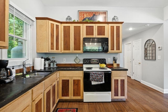 123 Fishermans Ln, Luray, VA 22835 - kitchen with black microwave, white electric stove, dark wood finished floors, and recessed lighting