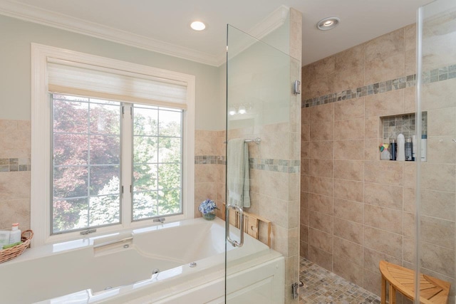 225 Divot Dr, Harrisonburg, VA 22802 - bathroom featuring a garden tub, a tile shower, and crown molding