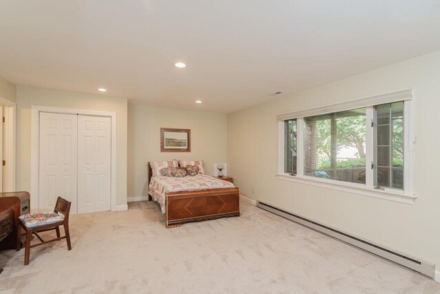 225 Divot Dr, Harrisonburg, VA 22802 - bedroom with a baseboard heating unit, recessed lighting, carpet, a closet, and baseboards