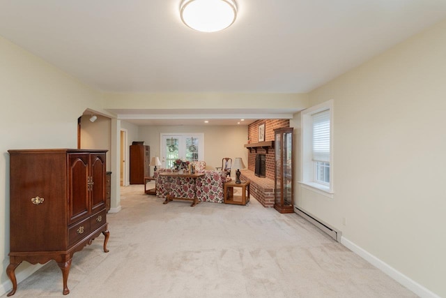 225 Divot Dr, Harrisonburg, VA 22802 - sitting room featuring a baseboard radiator, light colored carpet, a fireplace, and baseboards