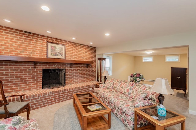 225 Divot Dr, Harrisonburg, VA 22802 - living area featuring carpet, a brick fireplace, and recessed lighting