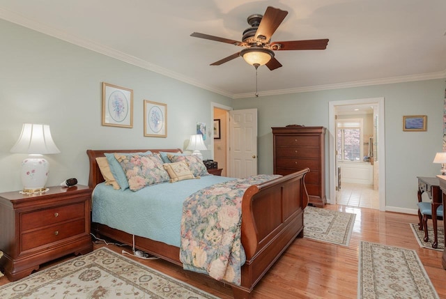 225 Divot Dr, Harrisonburg, VA 22802 - bedroom with light wood finished floors, baseboards, ornamental molding, ceiling fan, and ensuite bathroom
