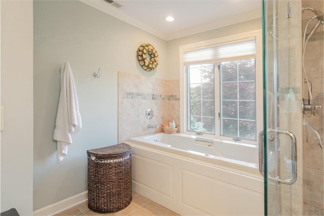 225 Divot Dr, Harrisonburg, VA 22802 - bathroom with a garden tub, a stall shower, crown molding, tile patterned floors, and baseboards