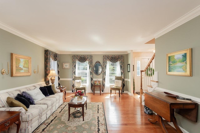 225 Divot Dr, Harrisonburg, VA 22802 - living area featuring ornamental molding, wood finished floors, stairs, and baseboards