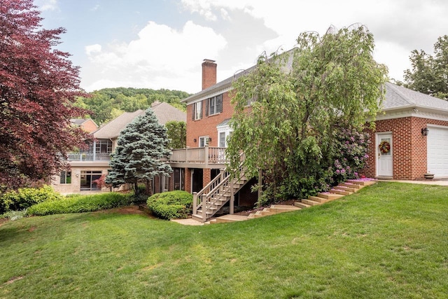 225 Divot Dr, Harrisonburg, VA 22802 - rear view of property with stairway, a chimney, brick siding, and a yard