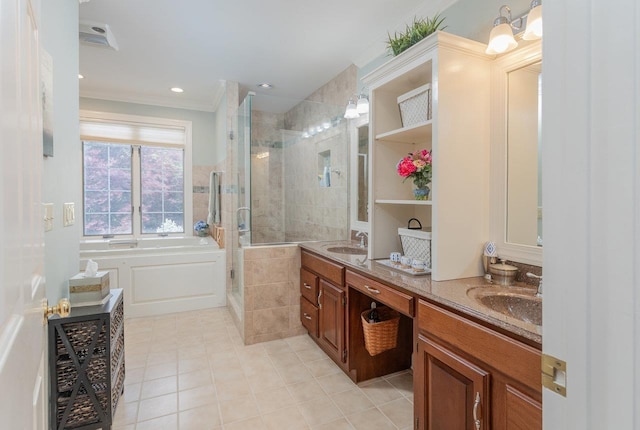 225 Divot Dr, Harrisonburg, VA 22802 - bathroom with tile patterned flooring, a stall shower, double vanity, ornamental molding, and a garden tub