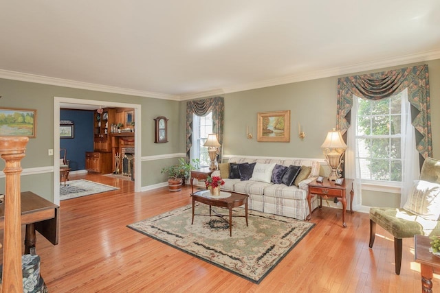 225 Divot Dr, Harrisonburg, VA 22802 - living room featuring ornamental molding, light wood-style flooring, baseboards, and a brick fireplace