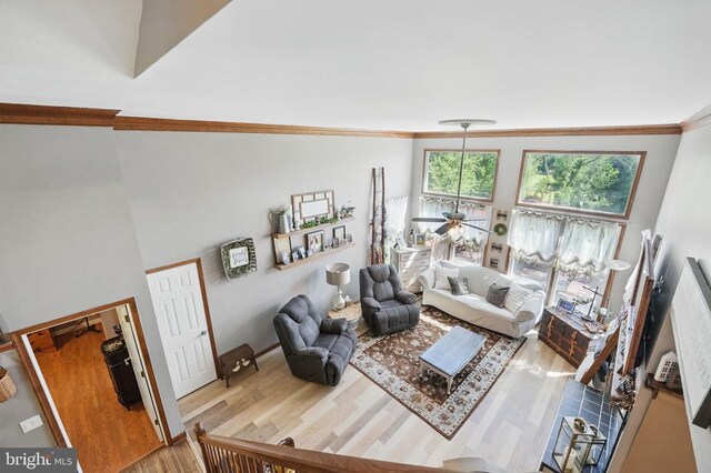 7329 Cloverhill Rd, Spotsylvania, VA 22551 - living room with ornamental molding, wood finished floors, a high ceiling, a ceiling fan, and baseboards