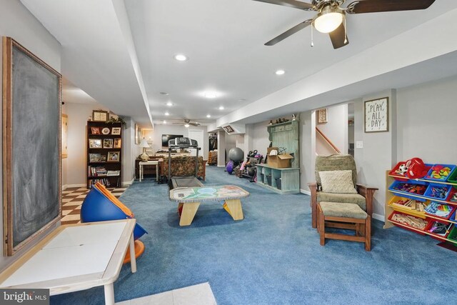 7329 Cloverhill Rd, Spotsylvania, VA 22551 - playroom featuring ceiling fan, carpet floors, recessed lighting, and baseboards