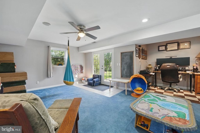 7329 Cloverhill Rd, Spotsylvania, VA 22551 - game room with carpet, ceiling fan, a desk, baseboards, and recessed lighting