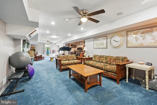7329 Cloverhill Rd, Spotsylvania, VA 22551 - carpeted living room with a ceiling fan, recessed lighting, and baseboards