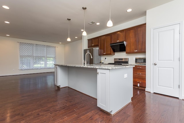 3267 Battery Park Pl, Rockingham, VA 22801 - kitchen featuring appliances with stainless steel finishes, extractor fan, dark wood-style floors, a kitchen island with sink, and light stone countertops